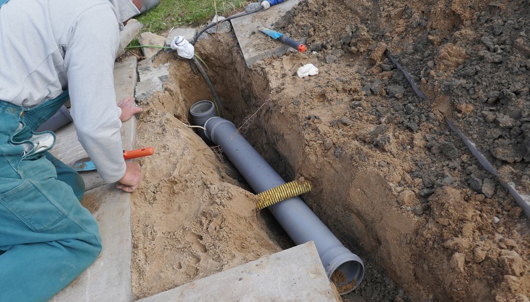 Looking at a big, gray sewer pipe that is now exposed after digging a one foot wide, one foot deep, five foot long trench.